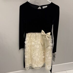 Rare Editions Black and Cream/gold Floral Dress with Bow